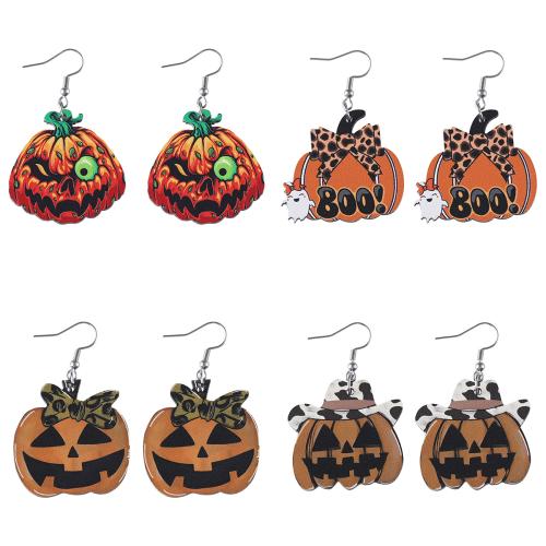 bois Boucle d'oreille goutte, avec Acier inoxydable 304, Citrouille, Bijoux d'Halloween & styles différents pour le choix & pour femme, Vendu par paire