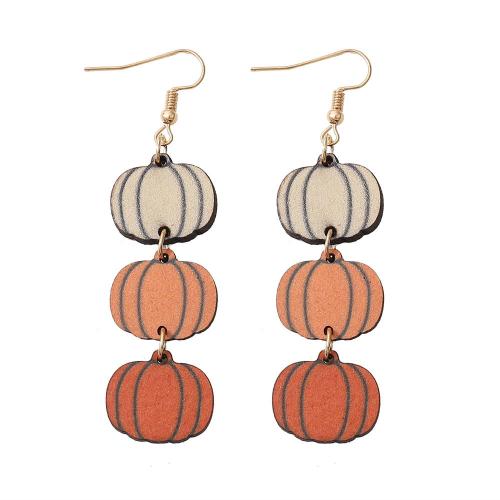 madera Pendientes con Colgantes, con acero inoxidable 304, Calabaza, Joyería de Halloween & para mujer, 75x20mm, Vendido por Par