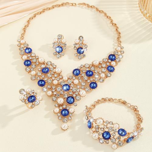 Tibetan Style Jewelry Sets, Stud Earring & finger ring & bracelet & necklace, with Plastic Pearl, 4 pieces & for woman & with rhinestone, Sold By Set