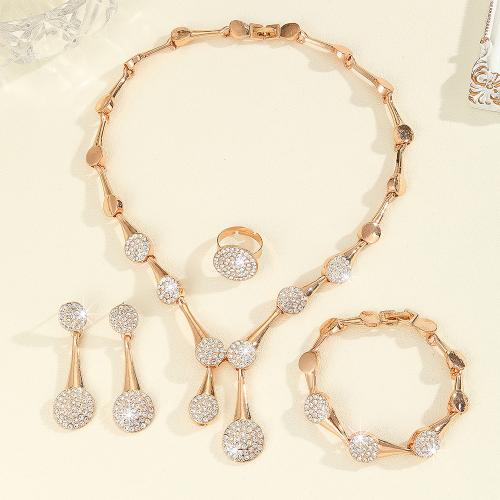 Tibetan Style Jewelry Sets, finger ring & bracelet & earring & necklace, 4 pieces & for woman & with rhinestone, golden, Sold By Set