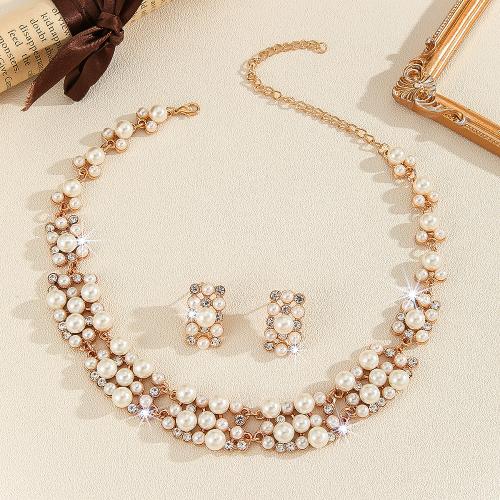 Tibetan Style Jewelry Sets, Stud Earring & necklace, with Plastic Pearl, 2 pieces & for woman & with rhinestone, golden, Sold By Set