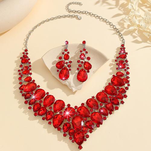 Tibetan Style Jewelry Sets, earring & necklace, with Crystal, 2 pieces & fashion jewelry & for woman, red, Sold By Set