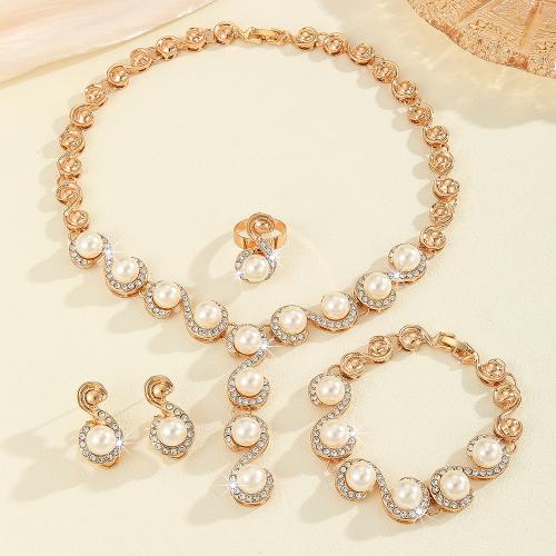 Zinc Alloy Jewelry Sets Stud Earring & finger ring & bracelet & necklace with Plastic Pearl 4 pieces & fashion jewelry & for woman golden Sold By Set