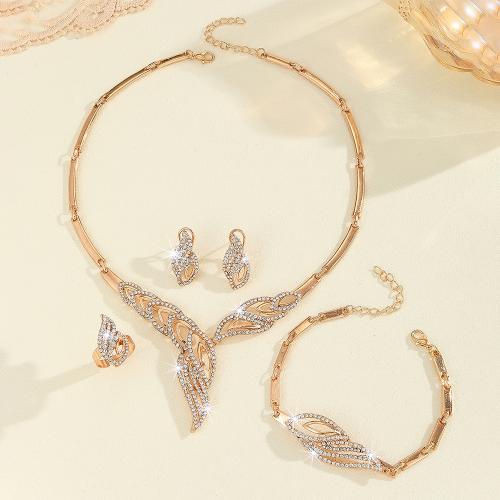 Tibetan Style Jewelry Sets, Stud Earring & finger ring & bracelet & necklace, 4 pieces & for woman & with rhinestone, golden, Sold By Set