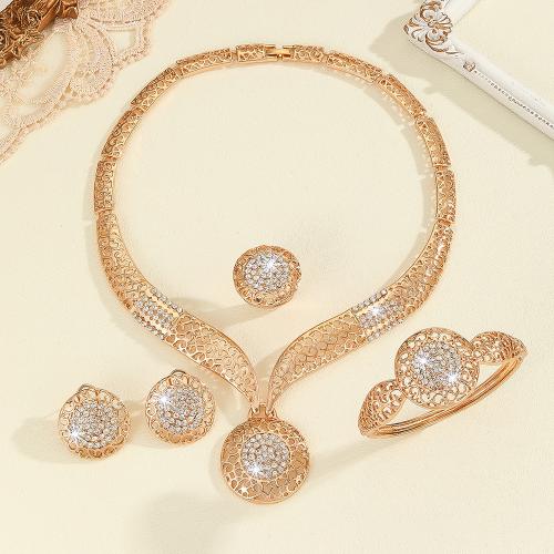 Tibetan Style Jewelry Sets, Stud Earring & finger ring & bracelet & necklace, 4 pieces & for woman & with rhinestone, golden, Sold By Set