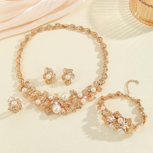 Tibetan Style Jewelry Sets, Stud Earring & finger ring & bracelet & necklace, with Plastic Pearl, 4 pieces & for woman & with rhinestone, golden, Sold By Set