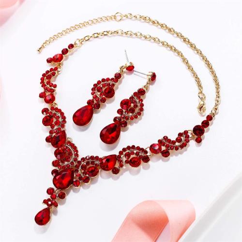 Tibetan Style Jewelry Sets, earring & necklace, 2 pieces & for woman & with rhinestone, more colors for choice, Sold By Set