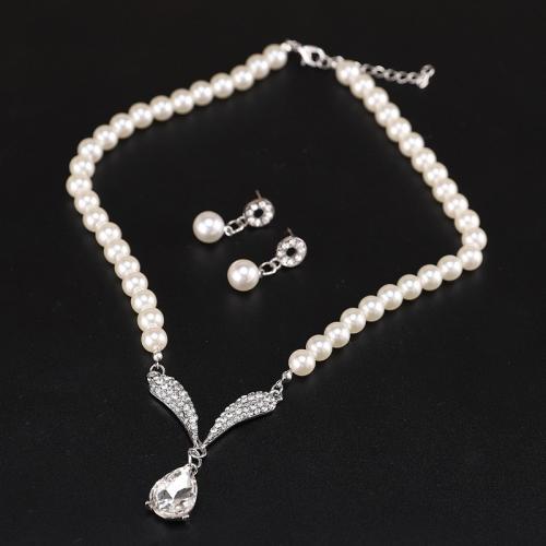 Tibetan Style Jewelry Sets, earring & necklace, with Plastic Pearl, 2 pieces & for woman & with rhinestone, more colors for choice, Sold By Set