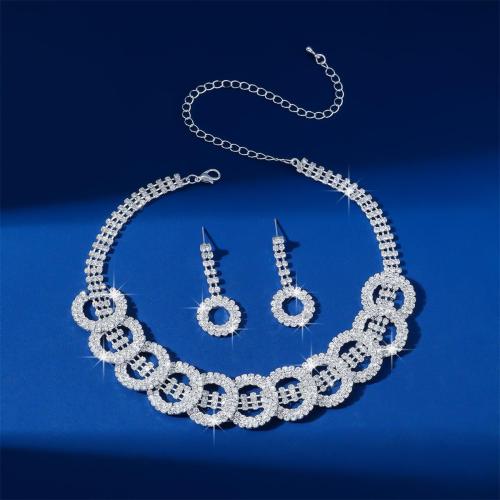 Tibetan Style Jewelry Sets, earring & necklace, 2 pieces & for woman & with rhinestone, silver color, Sold By Set