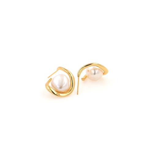 Brass Stud Earring, with Plastic Pearl, gold color plated, for woman, nickel, lead & cadmium free, 24x19.20x11mm, Sold By PC