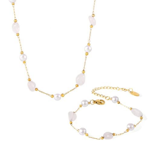 Fashion Stainless Steel Jewelry Sets, 304 Stainless Steel, with Natural Stone & Plastic Pearl, fashion jewelry & different styles for choice & for woman, gold, Sold By PC