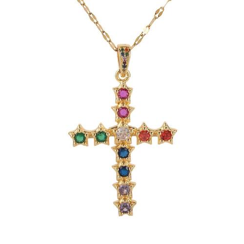 Cubic Zircon Micro Pave Brass Necklace Cross plated & micro pave cubic zirconia & for woman Length Approx 41-50 cm Sold By PC