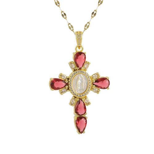 Cubic Zircon Micro Pave Brass Necklace Cross plated & micro pave cubic zirconia & for woman & enamel Length Approx 41-50 cm Sold By PC