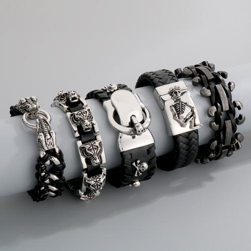 Stainless Steel Jewelry Bracelet 304 Stainless Steel with PU Leather Vacuum Ion Plating  & for man Sold By PC