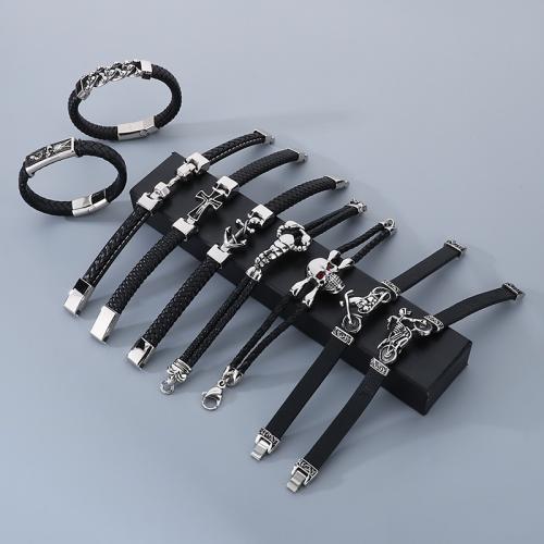 Stainless Steel Jewelry Bracelet, 304 Stainless Steel, with PU Leather, Vacuum Ion Plating, different styles for choice & for man & with rhinestone, more colors for choice, Sold By PC