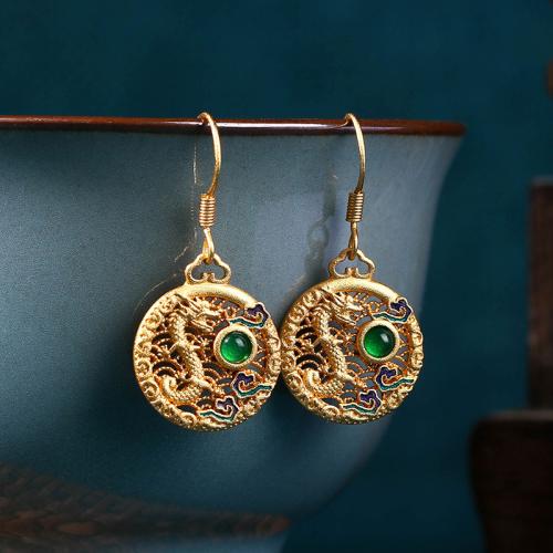 laiton Boucle d'oreille goutte, avec Calcédoine verte, dragon, Placage de couleur d'or, Vintage & pour femme & émail & creux, 15x31mm, Vendu par paire