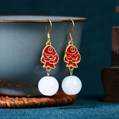 Brass Drop Earring with Jade Fish gold color plated vintage & for woman & enamel Sold By Pair