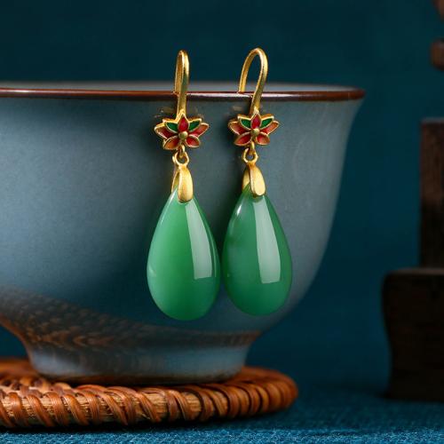 Brass Drop Earring with Jade Teardrop gold color plated vintage & for woman & enamel Sold By Pair