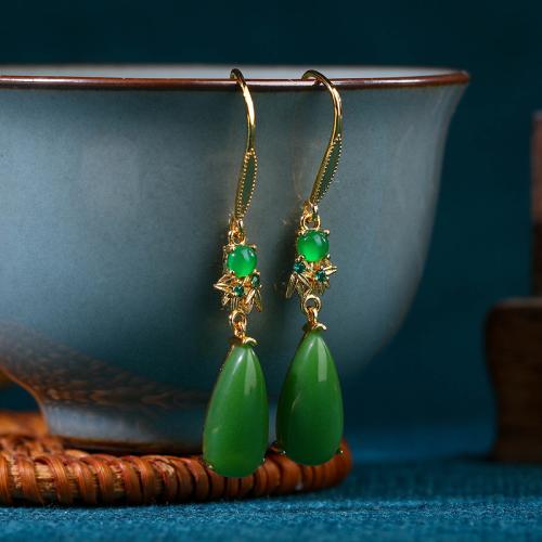 Brass Drop Earring, with Jade, gold color plated, vintage & for woman, 8x50mm, Sold By Pair