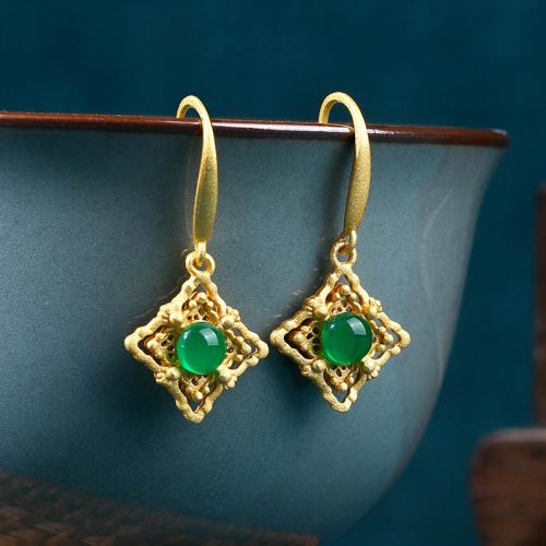 laiton Boucle d'oreille goutte, avec Calcédoine verte, Losange, Placage de couleur d'or, Vintage & pour femme & creux, 14x29mm, Vendu par paire