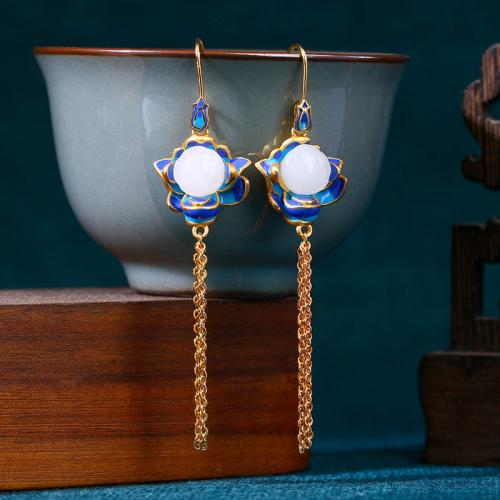 Brass Tassel Earring, with Jade, Lotus, gold color plated, vintage & for woman & enamel, 18x77mm, Sold By Pair