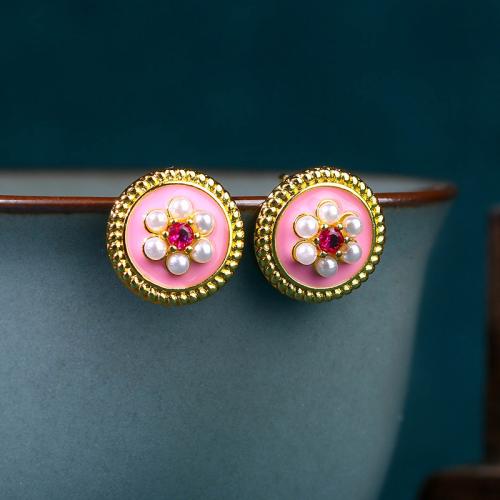 Brass Stud Earring, with Jade & Plastic Pearl, gold color plated, vintage & for woman & enamel, 12x12mm, Sold By Pair