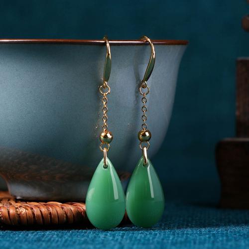 Brass Drop Earring, with Jade, Teardrop, gold color plated, vintage & for woman, 11x57mm, Sold By Pair