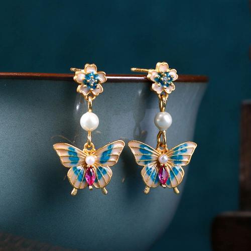 Brass Drop Earring, with Acrylic, Butterfly, gold color plated, vintage & for woman & enamel & with rhinestone, 15x27mm, Sold By Pair