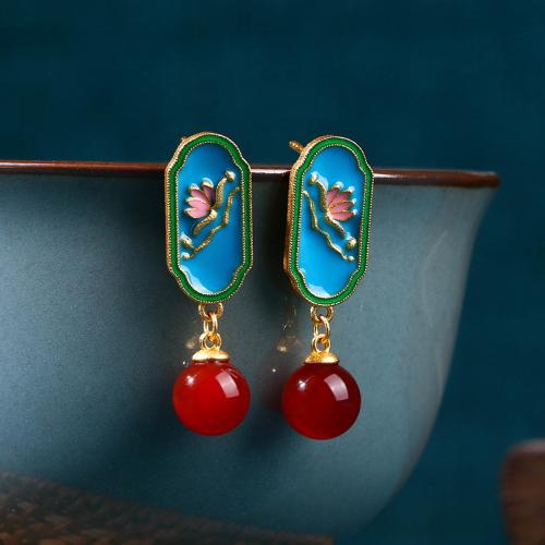 Brass Drop Earring with Jade gold color plated vintage & with flower pattern & for woman & enamel Sold By Pair