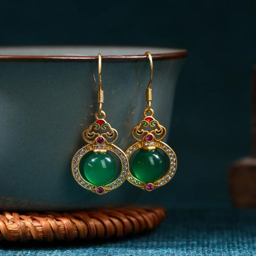 Brass Drop Earring, with Green Calcedony, Lucky Calabash, gold color plated, vintage & for woman & enamel & with rhinestone & hollow, 13x34mm, Sold By Pair