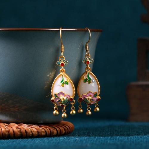 Brass Drop Earring, with Jade & Plastic Pearl, gold color plated, vintage & for woman & enamel, 11x45mm, Sold By Pair