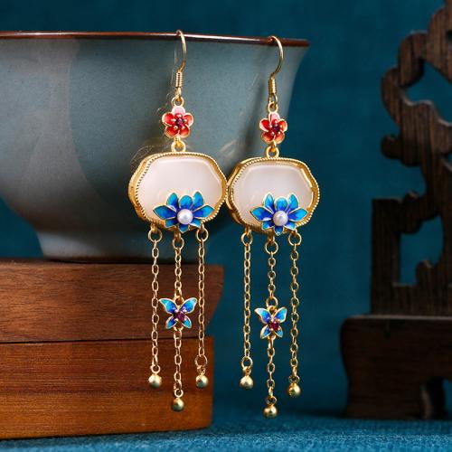 Brass Tassel Earring, with Jade & Plastic Pearl, gold color plated, vintage & for woman & enamel, 20x79mm, Sold By Pair