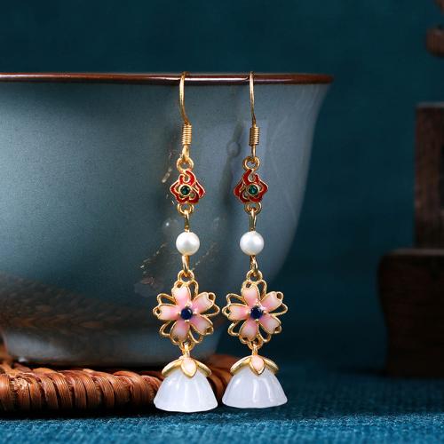 Brass Drop Earring, with Jade & Plastic Pearl, Flower, gold color plated, vintage & for woman & enamel, 10x54mm, Sold By Pair