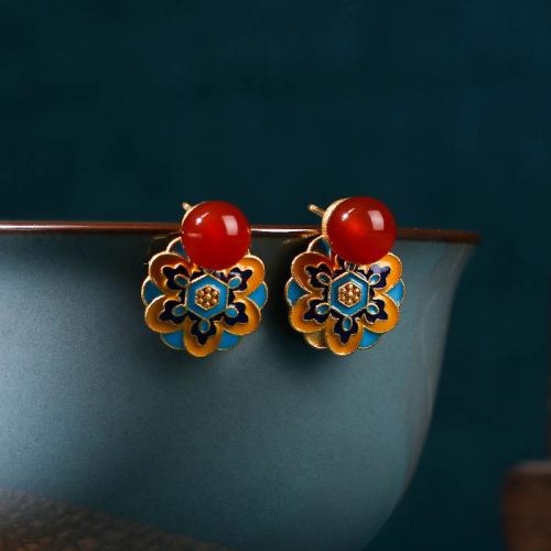 Brass Stud Earring, with Carnelian, Lotus, gold color plated, vintage & for woman & enamel, 15x19mm, Sold By Pair