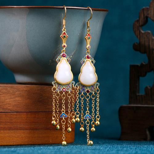 Brass Tassel Earring with Jade Lucky Calabash gold color plated vintage & for woman & enamel Sold By Pair