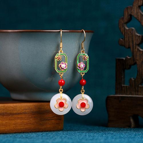 Brass Drop Earring, with Jade & Plastic Pearl, Flower, gold color plated, vintage & for woman & enamel & hollow, 14x56mm, Sold By Pair