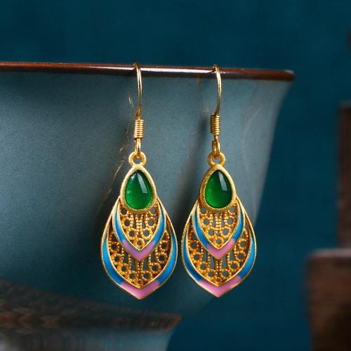 Brass Drop Earring with Green Calcedony Teardrop gold color plated vintage & for woman & enamel & hollow Sold By Pair