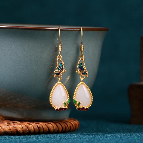 Brass Drop Earring with Jade Teardrop gold color plated vintage & for woman & enamel Sold By Pair