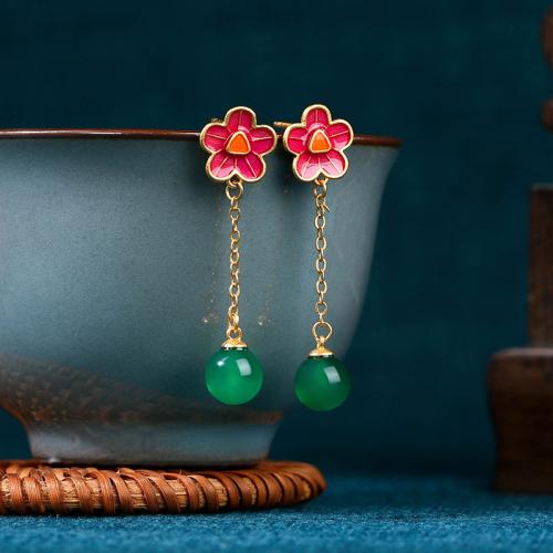 Brass Drop Earring, with Green Calcedony, Flower, gold color plated, vintage & for woman & enamel, 11x42mm, Sold By Pair