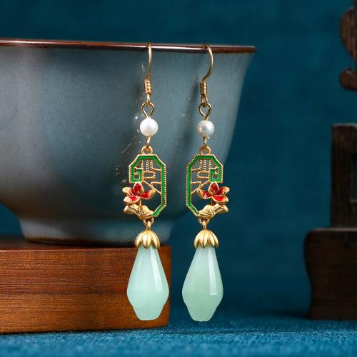 Brass Drop Earring, with Jade & Plastic Pearl, Flower, gold color plated, vintage & for woman & enamel & hollow, 10x64mm, Sold By Pair