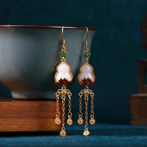 Brass Tassel Earring, with Jade, Calabash, gold color plated, vintage & for woman & enamel, 11x70mm, Sold By Pair