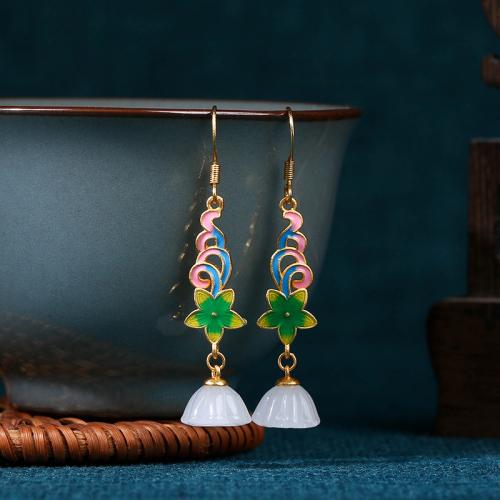 Brass Drop Earring with Jade Flower gold color plated vintage & for woman & enamel Sold By Pair