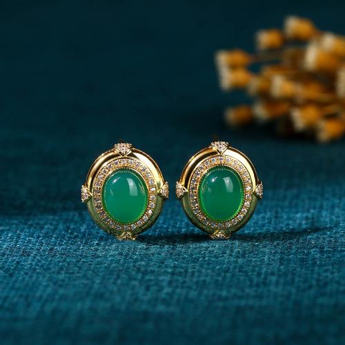 Brass Stud Earring with Jade gold color plated vintage & for woman & with rhinestone Sold By Pair