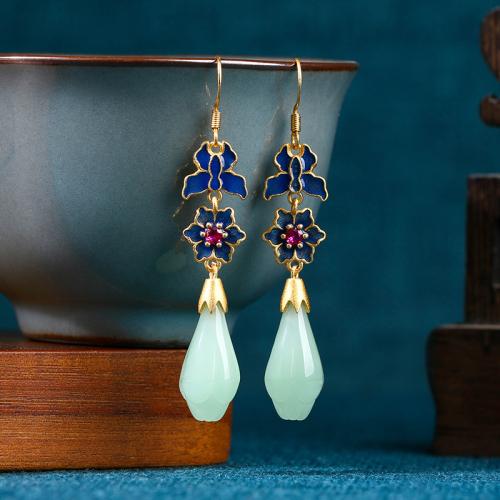 Brass Drop Earring, with Jade, Flower, gold color plated, vintage & for woman & enamel, 10x59mm, Sold By Pair