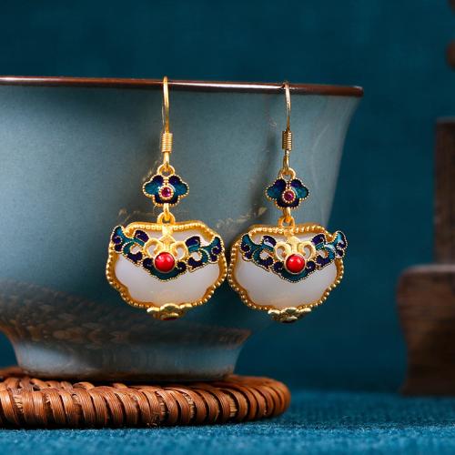 Brass Drop Earring with Jade Longevity Lock gold color plated folk style & for woman & enamel Sold By Pair