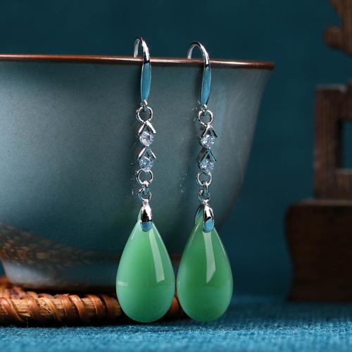 Brass Drop Earring, with Jade, Teardrop, silver color plated, vintage & for woman & with rhinestone, 11x56mm, Sold By Pair