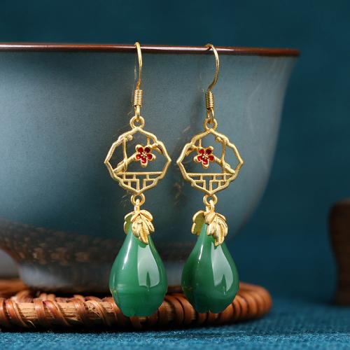 Brass Drop Earring, with Jade, Flower, gold color plated, vintage & for woman & enamel & hollow, 12x51mm, Sold By Pair