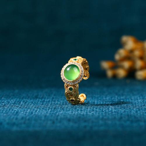 Brass Cuff Finger Ring, with Green Calcedony, gold color plated, vintage & for woman & with rhinestone, US Ring Size:6-8, Sold By PC