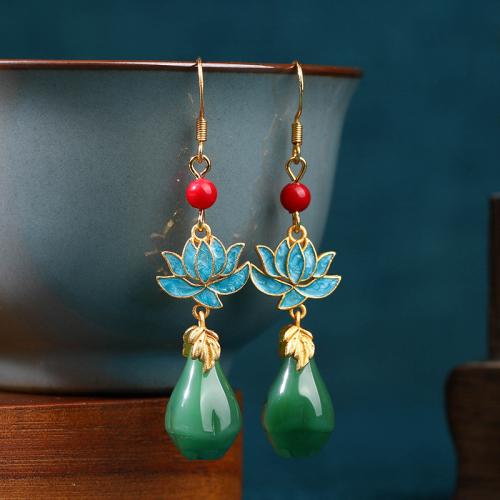 Brass Drop Earring with Jade Lotus gold color plated vintage & for woman & enamel Sold By Pair