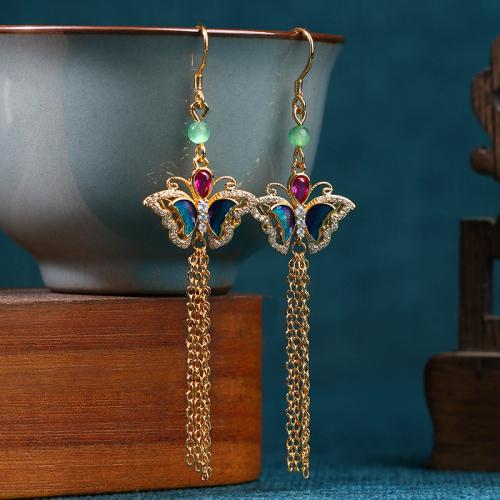 Brass Tassel Earring, with Chalcedony, Butterfly, gold color plated, vintage & for woman & enamel & with rhinestone, 81mm, Sold By Pair